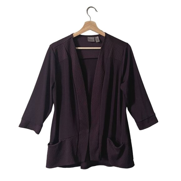 Chicos Easywear Cardigan Size 1 Medium Eggplant Purple Liquid Knit Open Front - Picture 1 of 7